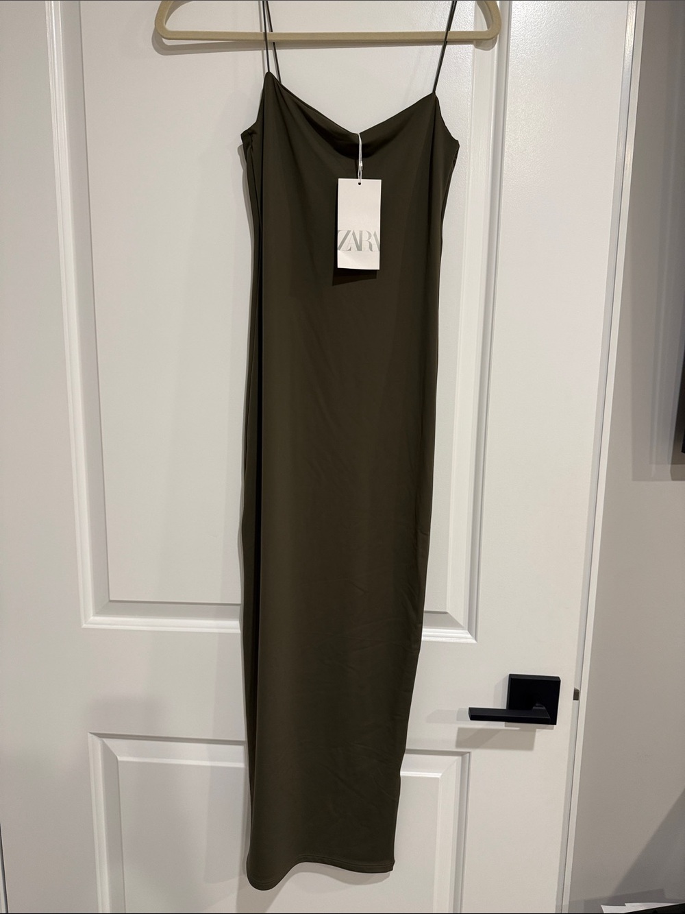 ZARA Olive Green Maxi Slip Dress with Spaghetti Straps